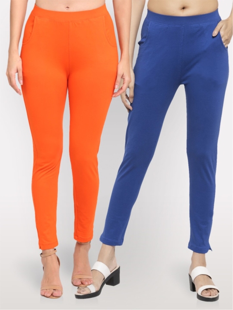 

NEUDIS Women Set of 2 Orange & Blue Ankle Length Treggings
