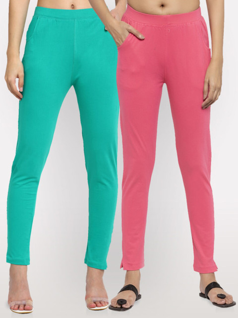 

NEUDIS Women Pack of 2 Green & Pink Ankle Length Jeggings