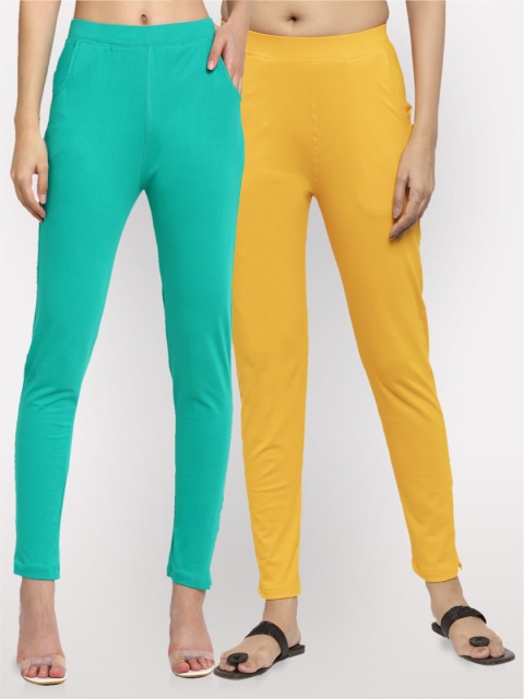 

NEUDIS Women Set of 2 Teal & Yellow Cotton Lycra Ankle Length Jeggings