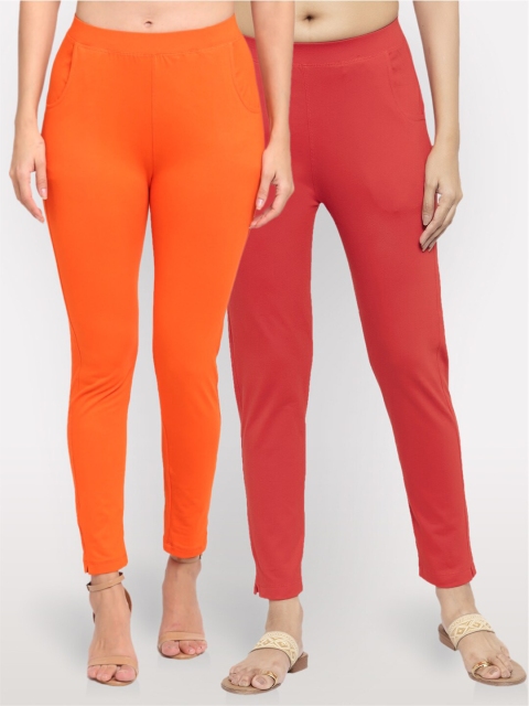 

NEUDIS Women Set of 2 Cotton Lycra Ankle Length Leggings, Orange