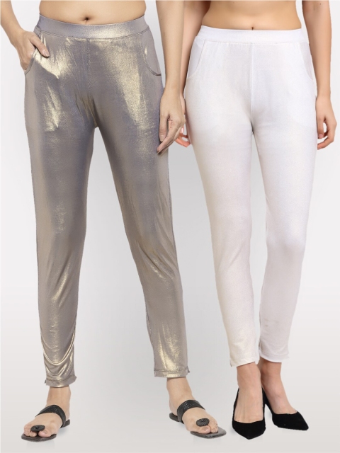 

NEUDIS Women Pack Of 2 Brown & Off-White Shimmer Cotton Lycra Ankle Length Jeggings