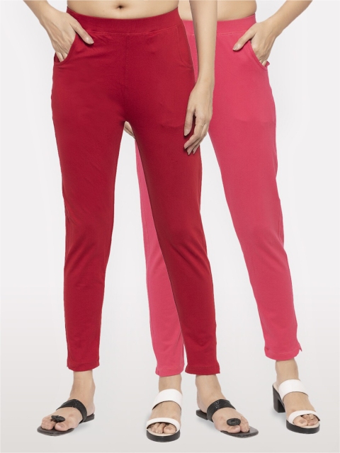 

NEUDIS Women Set of 2 Maroon and Pink Cotton Lycra Ankle-Length Skinny Fit Jeggings