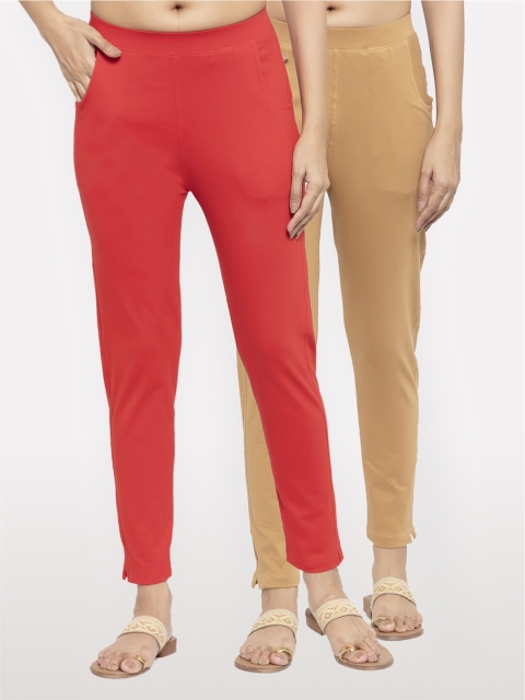 

NEUDIS Women Set of 2 Red and Beige Cotton Lycra Ankle Length Jeggings