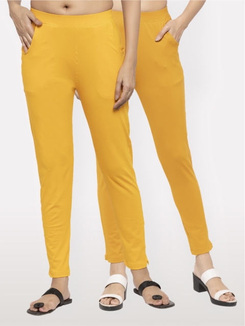 

NEUDIS Women Set of 2 Yellow and Mustard Cotton Lycra Ankle Length Jeggings