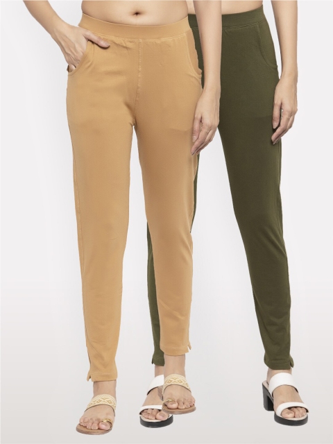 

NEUDIS Women Set of 2 Beige and Olive Cotton Lycra Ankle Length Jeggings
