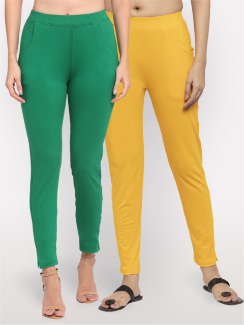 

NEUDIS Women Pack of 2 Teal & Yellow Ankle Length Jeggings, Green