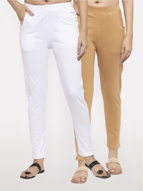 

NEUDIS Women Set of 2 White & Beige Cotton Lycra Ankle Length Jeggings