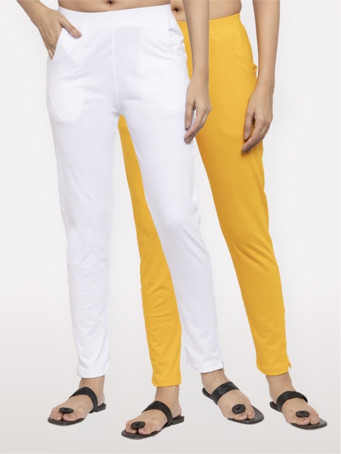 

NEUDIS Women Set of 2 White and Yellow Solid Ankle Length Jeggings