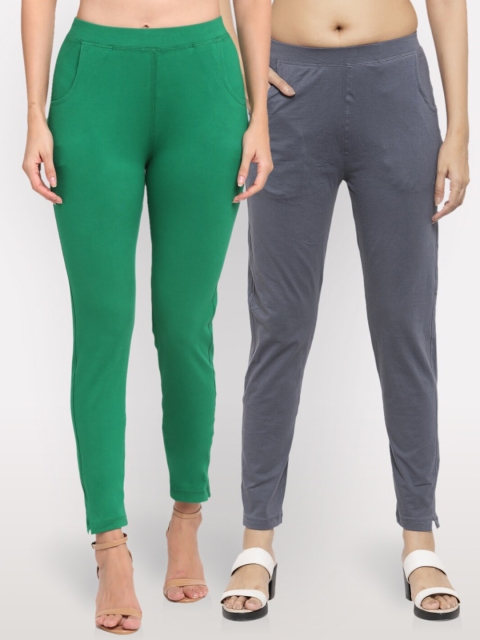 

NEUDIS Women Set of 2 Teal & Grey Cotton Lycra Ankle Length Jeggings