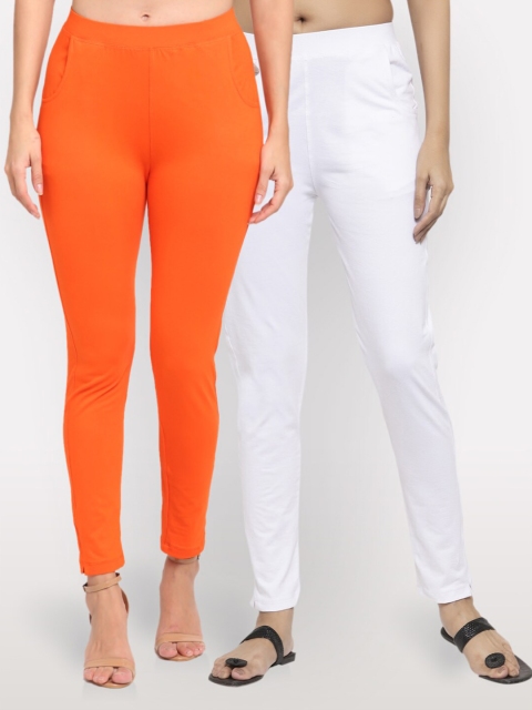 

NEUDIS Women Pack of 2 Orange & White Ankle Length Jeggings