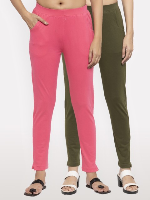

NEUDIS Women Set of 2 Pink and Olive Green Cotton Lycra Ankle Length Jeggings