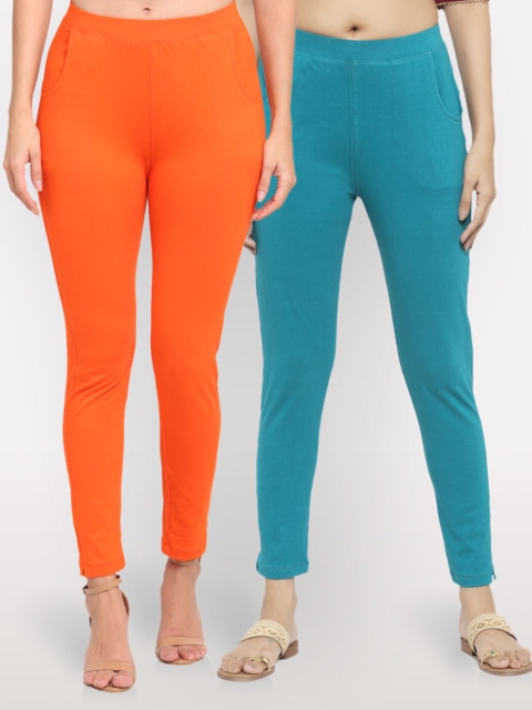 

NEUDIS Women Set of 2 Orange & Teal Blue Cotton Lycra Ankle Length Jeggings