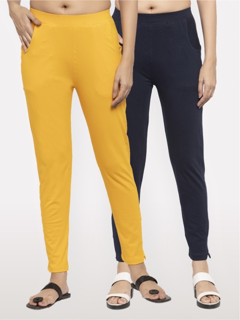 

NEUDIS Women Pack of 2 Yellow and Navy Blue Ankle Length Jeggings