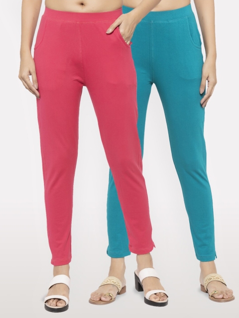 

NEUDIS Women Set of 2 Pink & Teal Blue Ankle Length Treggings