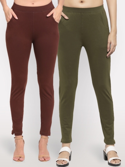 

NEUDIS Women Pack Of 2 Brown & Olive Green Slim Fit Jeggings