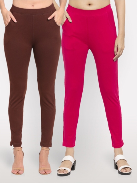 

NEUDIS Woman Set of 2 Brown & Majenta Cotton Lycra Ankle Length Jeggings