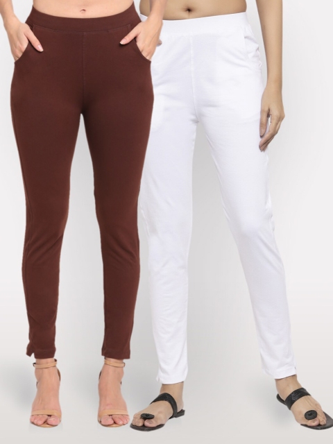 

NEUDIS Women Set of 2 Brown & White Solid Ankle Length Jeggings