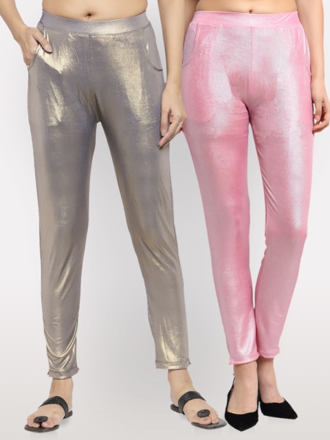 

NEUDIS Women Set of 2 Brown & Pink Shimmer Cotton Lycra Ankle Length Jeggings