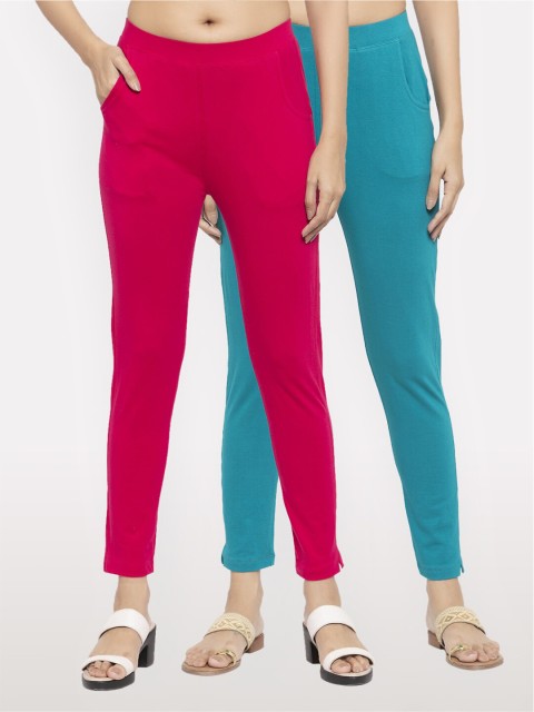 

NEUDIS Women Set of 2 Majenta & Teal Blue Cotton Lycra Ankle Length Jeggings, Magenta