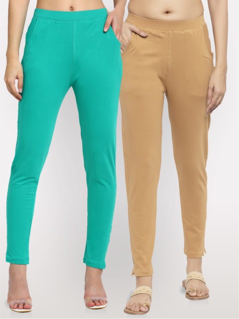 

NEUDIS Women Pack of 2 Green & Beige Ankle Length Jeggings