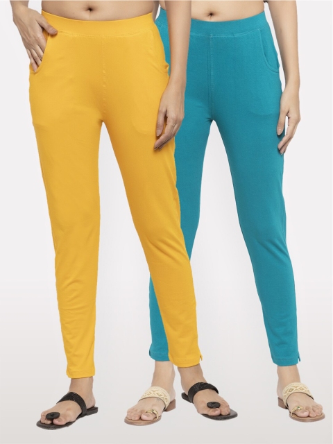 

NEUDIS Women Pack of 2 Yellow & Teal Blue Ankle Length Jeggings