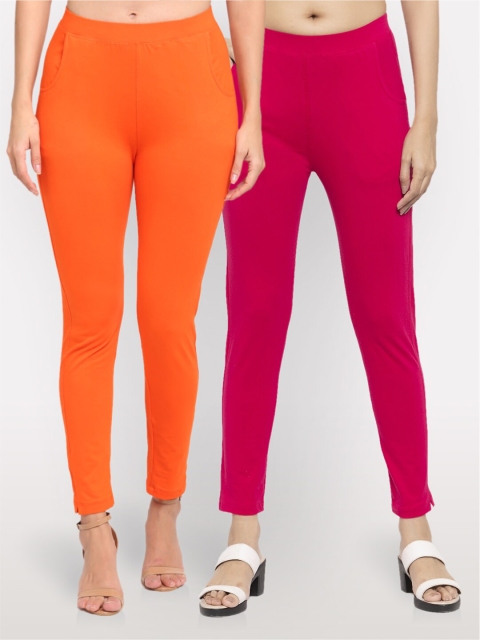 

NEUDIS Women Pack Of 2 Orange & Majenta Cotton Ankle Length Jeggings