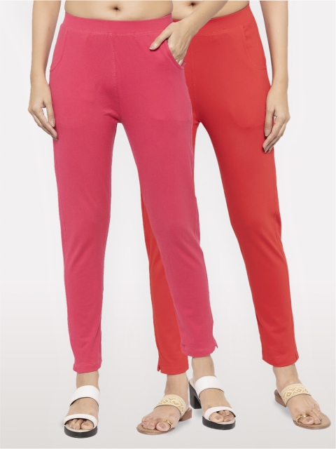 

NEUDIS Women Set of 2 Pink and Red Cotton Lycra Ankle Length Jeggings