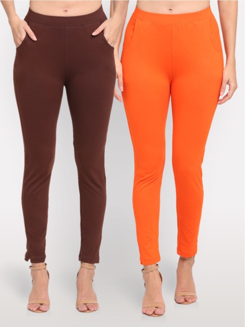 

NEUDIS Women Pack of 2 Brown & Orange Ankle Length Jeggings