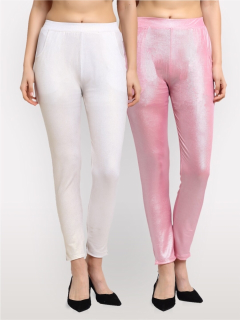 

NEUDIS Women Off-White & Pink Pack of 2 Solid Ankle Length Jeggings