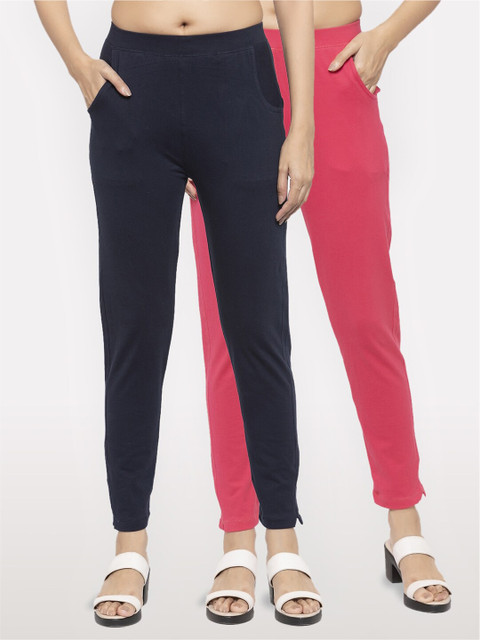 

NEUDIS Women Set of 2 Navy Blue and Pink Cotton Lycra Ankle Length Jeggings
