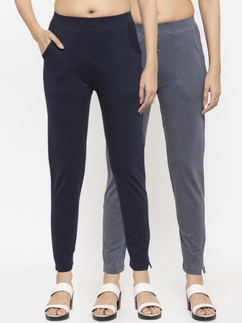 

NEUDIS Women Pack of 2 Navy Blue & Grey Solid Ankle Length Leggings