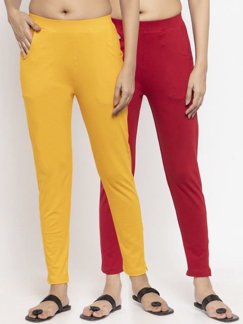 

NEUDIS Women Pack of 2 Solid Slim-Fit Ankle-Length Leggings, Yellow