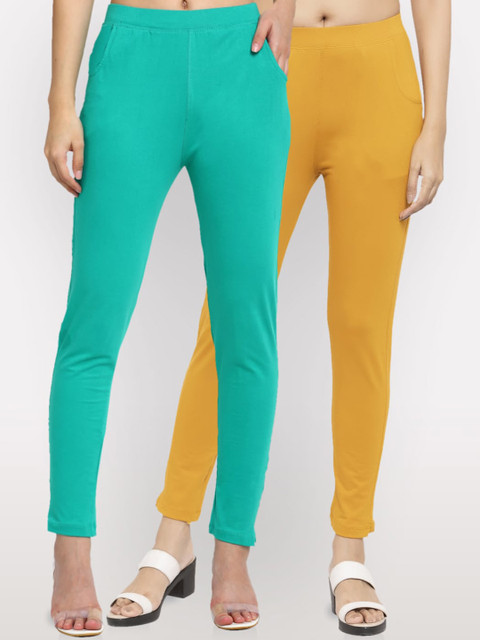 

NEUDIS Women Pack Of 2 Solid Slim-Fit Ankle-Length Leggings, Sea green