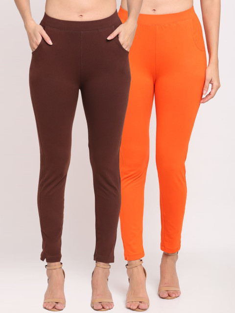 

NEUDIS Women Pack Of 2 Solid Ankle-Length Slim Fit Leggings, Brown