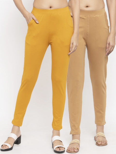 

NEUDIS Women Pack Of 2 Yellow & Beige Solid Slim-Fit Ankle-Length Leggings