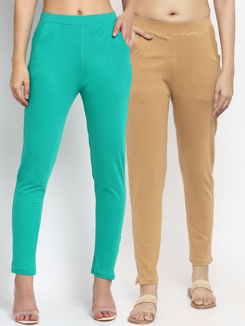 

NEUDIS Women Pack Of 2 Solid Slim-Fit Ankle-Length Leggings, Sea green