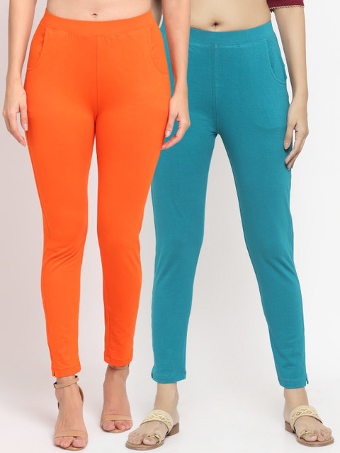 

NEUDIS Women Pack of 2 Orange & Teal Solid Ankle Length Leggings
