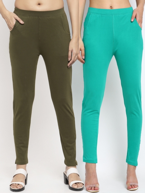

NEUDIS Women Pack Of 2 Solid Slim-Fit Ankle-Length Leggings, Green