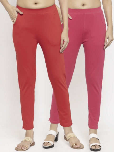 

NEUDIS Women Pack Of 2 Solid Cotton Slim-Fit Ankle-Length Leggings, Pink