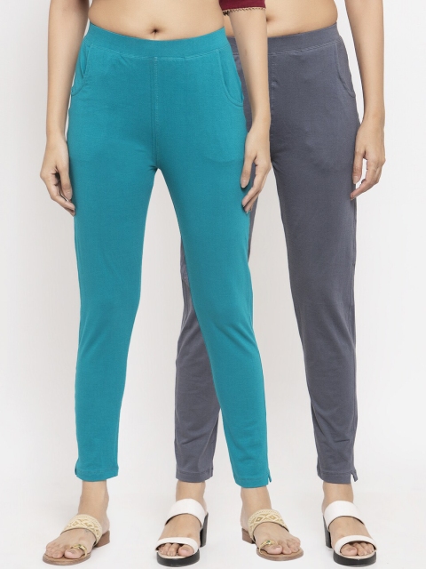 

NEUDIS Women Pack Of 2 Teal Blue & Grey Solid Slim-Fit Ankle-Length Leggings