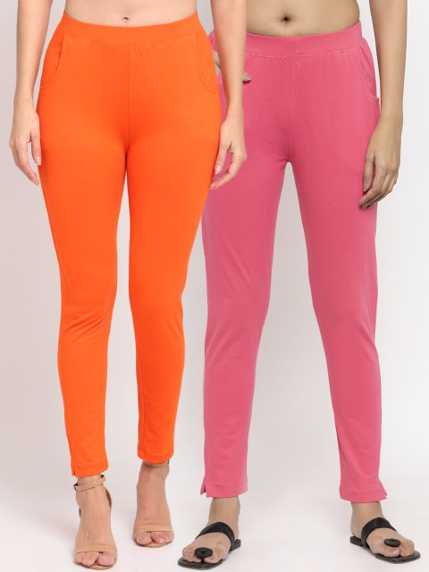 

NEUDIS Women Pack Of 2 Solid Slim-Fit Ankle-Length Leggings, Orange