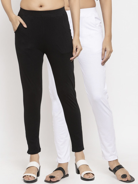 

NEUDIS Women Pack Of 2 Solid Cotton Slim-Fit Ankle-Length Leggings, Black