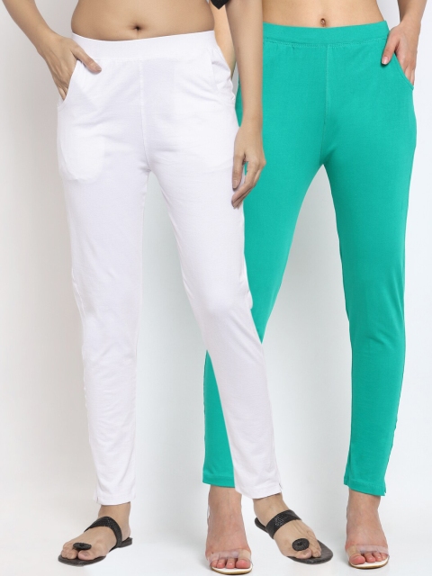 

NEUDIS Women Pack of 2 Solid Slim-Fit Ankle-Length Leggings, Teal