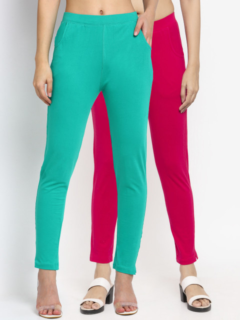 

NEUDIS Women Pack of 2 Solid Slim-Fit Ankle-Length Leggings, Teal