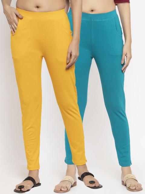 

NEUDIS Women Pack Of 2 Solid Ankle-Length Slim-Fit Leggings, Yellow