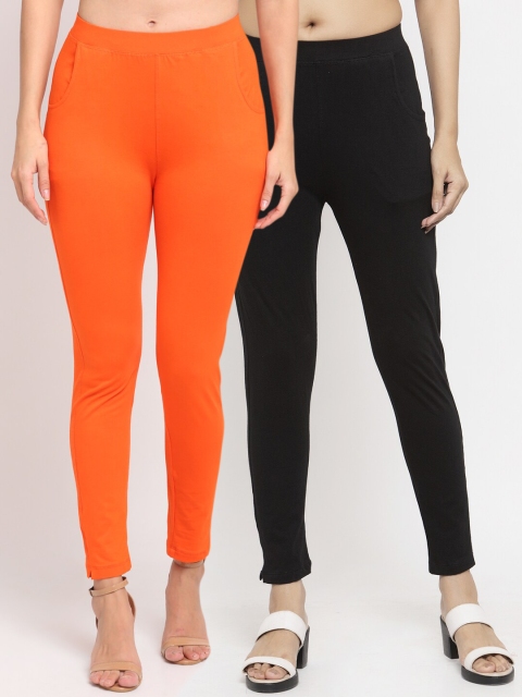 

NEUDIS Women pack of 2 Solid Slim Fit Ankle Length Legging, Orange