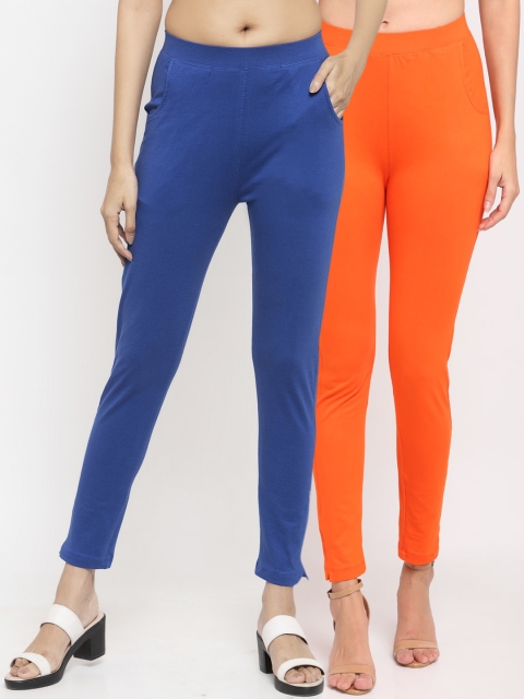 

NEUDIS Women Pack Of 2 Solid Ankle-Length Slim-Fit Leggings, Orange