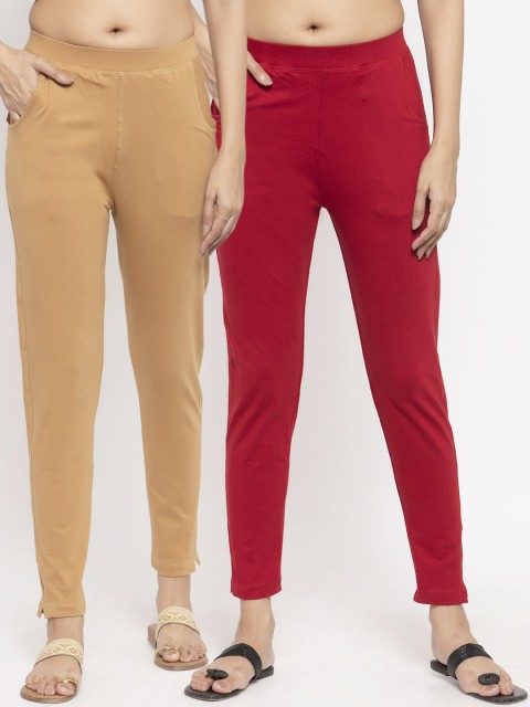 

NEUDIS Women Pack Of 2 Solid Slim-Fit Ankle-Length Leggings, Red