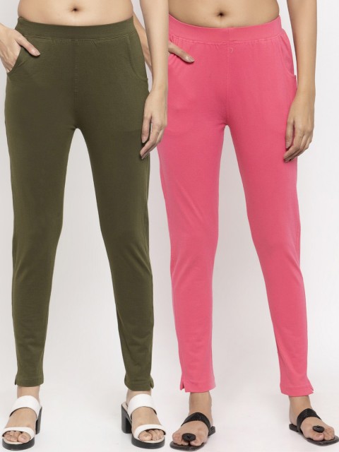 

NEUDIS Women Pack of 2 Solid Slim-Fit Ankle-Length Leggings, Pink