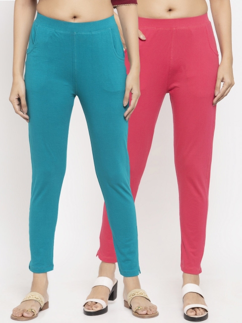 

NEUDIS Women Pack Of 2 Pink & Teal Blue Solid Slim-Fit Ankle-Length Leggings